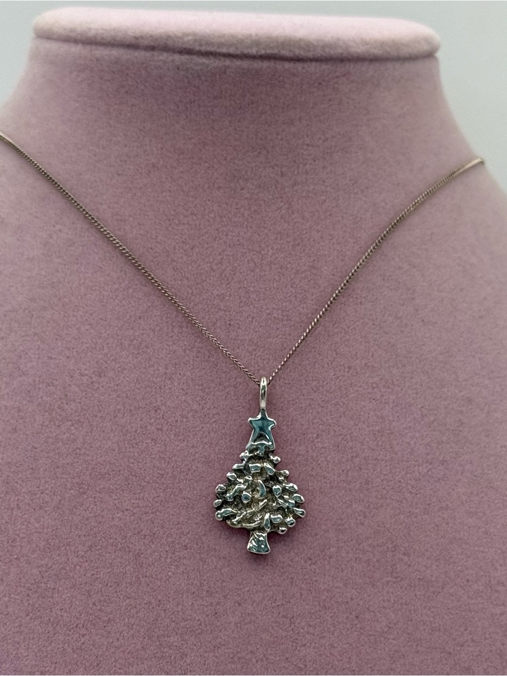Solid Sterling Silver Christmas Tree Pendant & 18” Box Chain Necklace